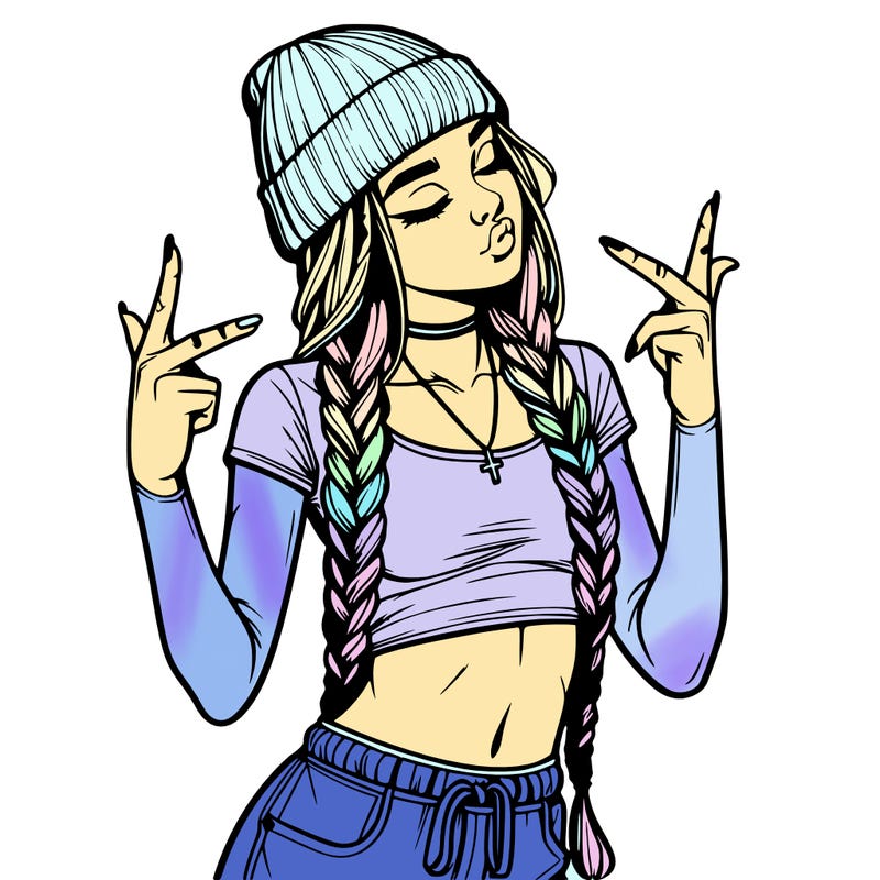 realistic teenage girl with braids and a beanie and crop top doing 🫶🏼