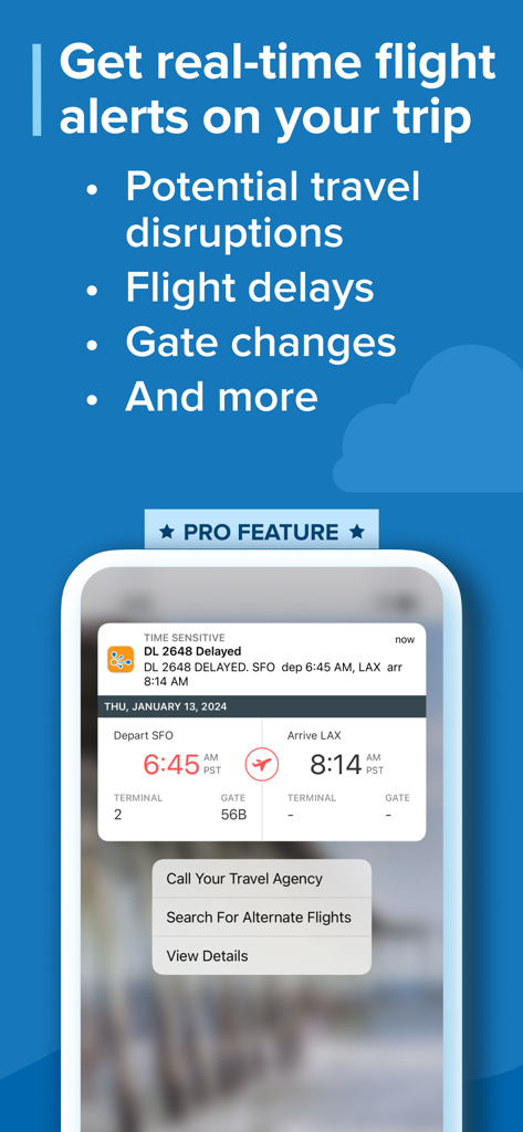 TripIt: Travel Planner - Um smartphone exibindo o recurso de alerta de voo em tempo real do TripIt Pro com uma notificação de voo atrasado.