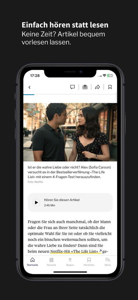 Oberfläche der Tages Anzeiger Nachrichten-App, die die Funktion zum Anhören von Artikeln hervorhebt.
