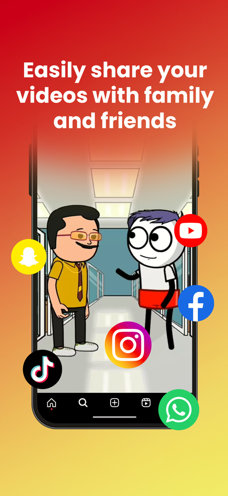 Two animated characters in the Tweencraft app surrounded by social media sharing icons for TikTok Instagram and YouTube