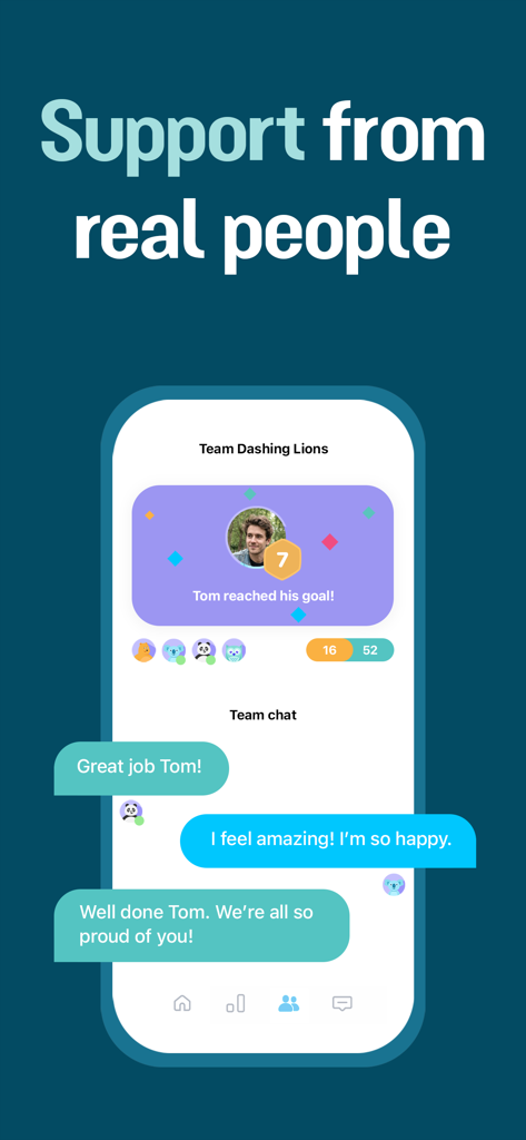 A team chat feature in Brainbuddy app where users offer support and encouragement