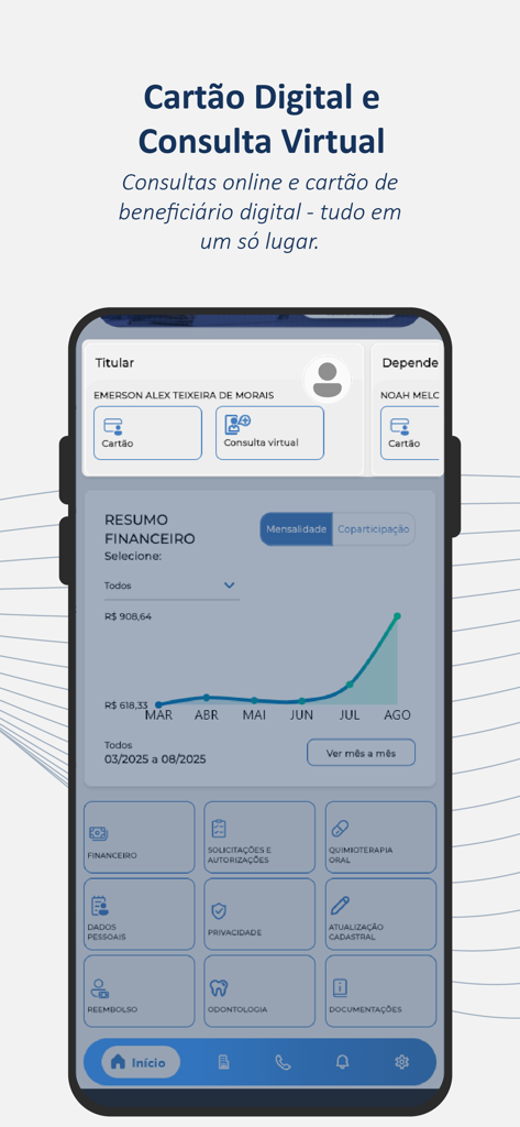 GEAP Beneficiário - Painel do aplicativo GEAP Beneficiário exibindo cartão de saúde digital, consulta virtual e resumo financeiro
