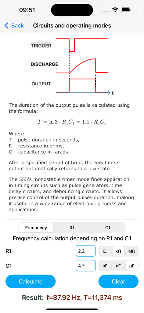 IC 555 timer monostable mode timing diagram and component calculator