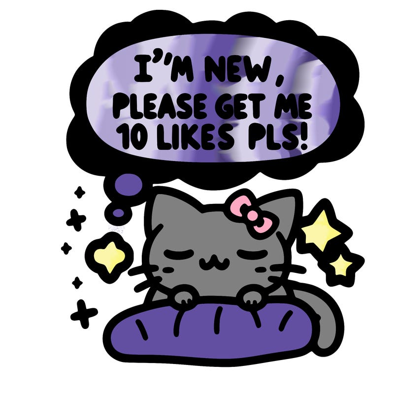 kitty taking a nap dream talking and saying "i'm new, please get me at least 10 likes pls!!"