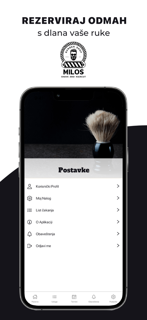 Barber Miloš - Settings screen of the Barber Milos app showing user profile and account options