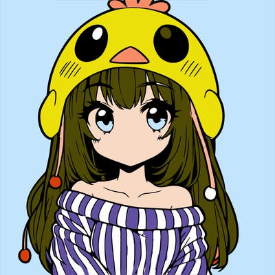 anime girl with chick shaped hat with sweater with bare shoulders with bangs covering them one eye with low tail