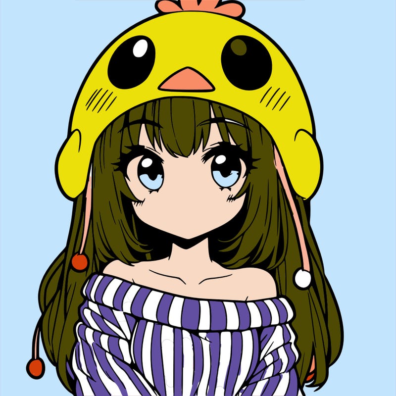 anime girl with chick shaped hat with sweater with bare shoulders with bangs covering them one eye with low tail