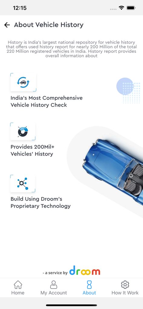 History:Check Vehicle History - 인도 자동차 기록 및 독점 기술을 보여주는 Droom 차량 이력 앱의 정보 페이지