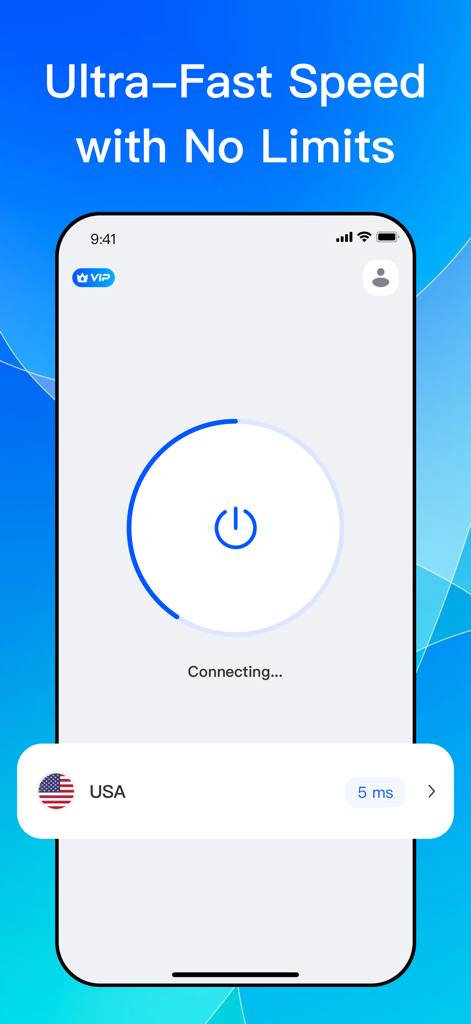Open VPN-Unlimited Proxy - Captura de pantalla de la aplicación Open VPN que muestra una pantalla de conexión de un solo toque a un servidor de EE. UU. con alta velocidad y baja latencia