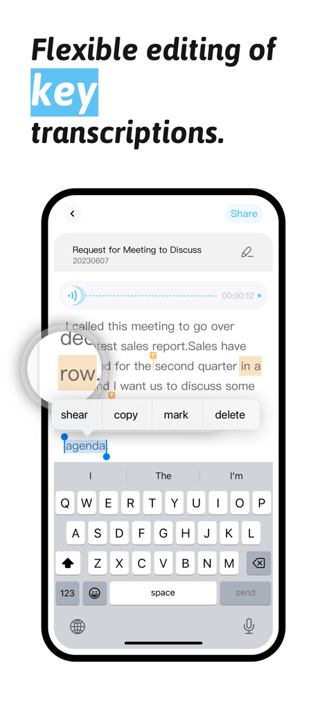Interfaccia mobile dell'app Speakwrite che mostra strumenti per la modifica e il contrassegno delle trascrizioni vocali-testo.