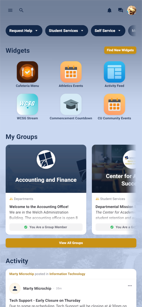 Dashboard of the My CU mobile app for Cornerstone University showing student widgets and community groups