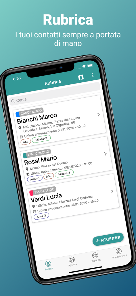 ISF Agenda Lite - Smartphone screen showing the ISF Agenda Lite contact list with medical specialties and doctor details.