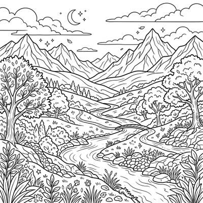 Immerse yourself in the calming beauty of nature with this intricate valley landscape coloring page, thoughtfully designed for seniors. Featuring majestic mountains, a winding river, and rich flora, it offers a perfect blend of relaxation and stimulating detail.