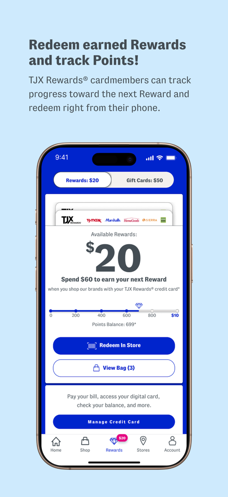 Marshalls Official - Marshallsモバイルアプリのインターフェース。TJX Rewardsポイントの残高と進捗バーが表示されています