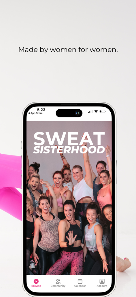 A group of diverse women in workout clothes smiling and celebrating under the title Sweat Sisterhood on the HoodFit app