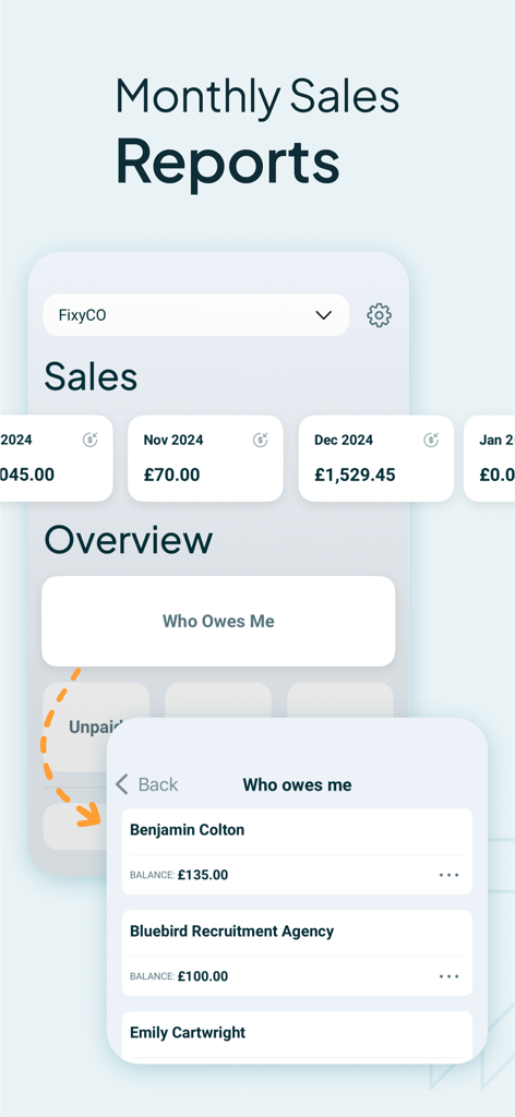 Monthly sales reports and Who Owes Me tracking in Easy Invoice Maker