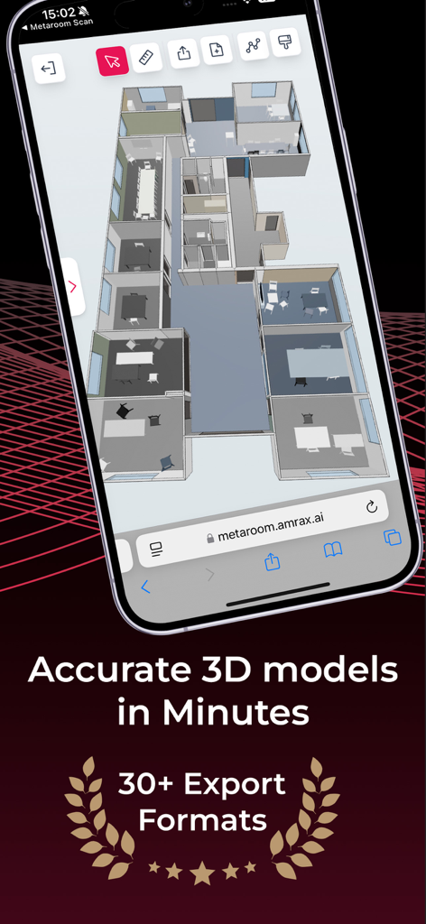 Metaroom - 3D Room Scanner - Écran de smartphone affichant un modèle de plan d'étage 3D précis dans l'application Metaroom
