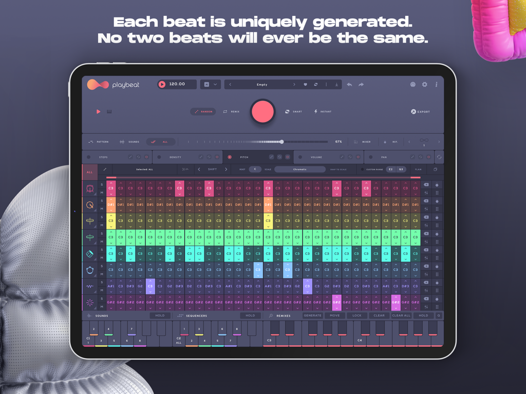 Interfaccia dell'app iPad Playbeat 4 con un sequencer di batteria multitraccia colorato per la generazione di beat unici