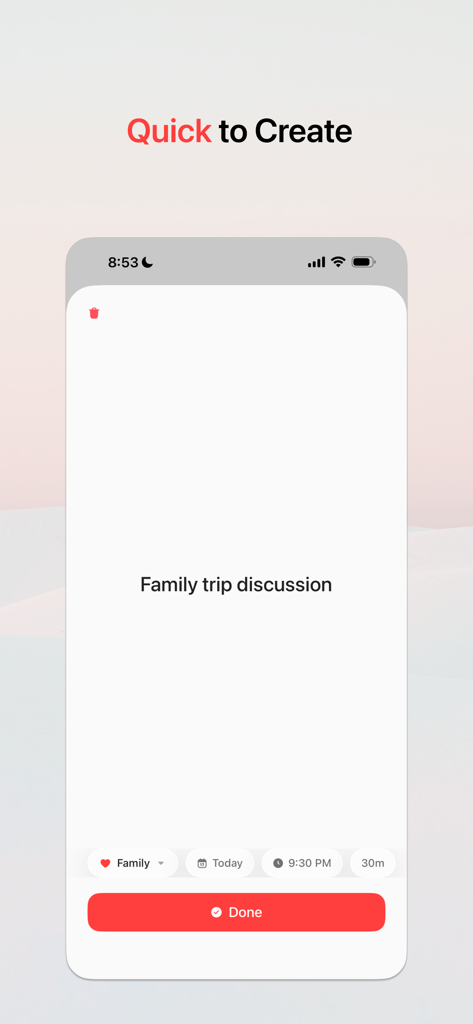 Momento - Planner - Minimalist interface of Momento Planner app showing the creation of a scheduled action for a family trip