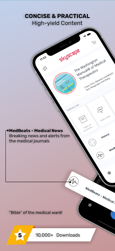 Washington Manual Medical Ther - Washington Manual Medical Therapeutics app interface with MedBeats medical news and high yield content