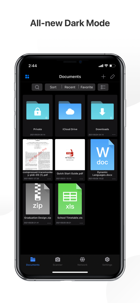 PDF Reader Pro – Lite Edition - PDF Reader Pro mobile app interface showcasing its all new dark mode with a grid of document folders and files including PDF Word and Excel