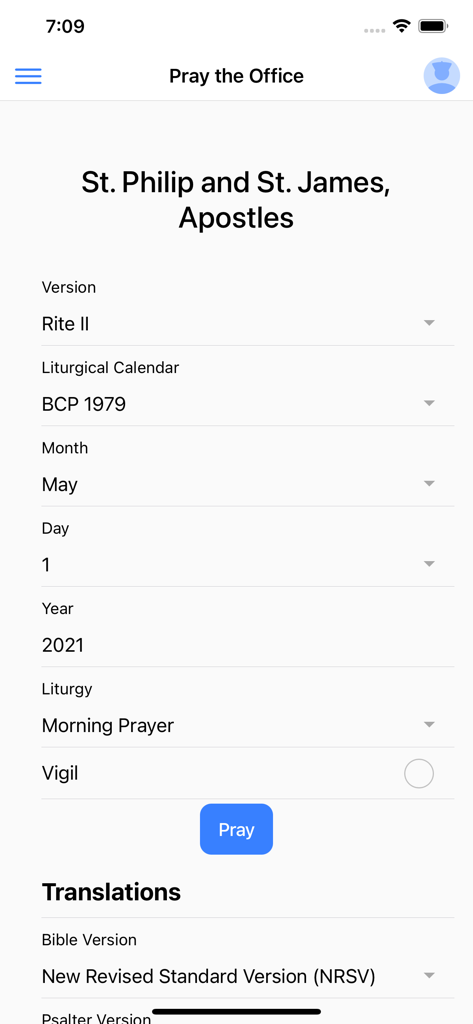 Venite.app - Venite app screen for configuring a Morning Prayer service with liturgical and translation settings