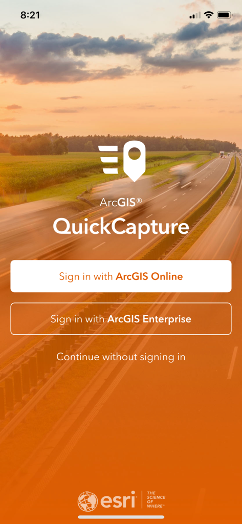 ArcGIS QuickCapture app login screen with a highway at sunset background and Esri sign-in buttons.