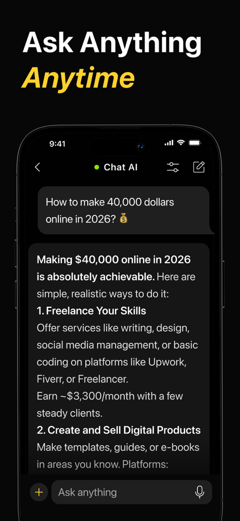 Chat AI Plus - Interfaz de la aplicación móvil Chat AI Plus que muestra a un asistente IA respondiendo una consulta sobre cómo ganar dinero en línea.