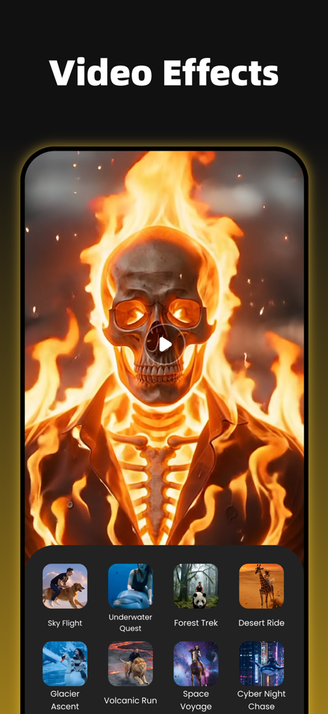 AI Photo Generator app interface showing cinematic video effects like a flaming skull and various creative presets