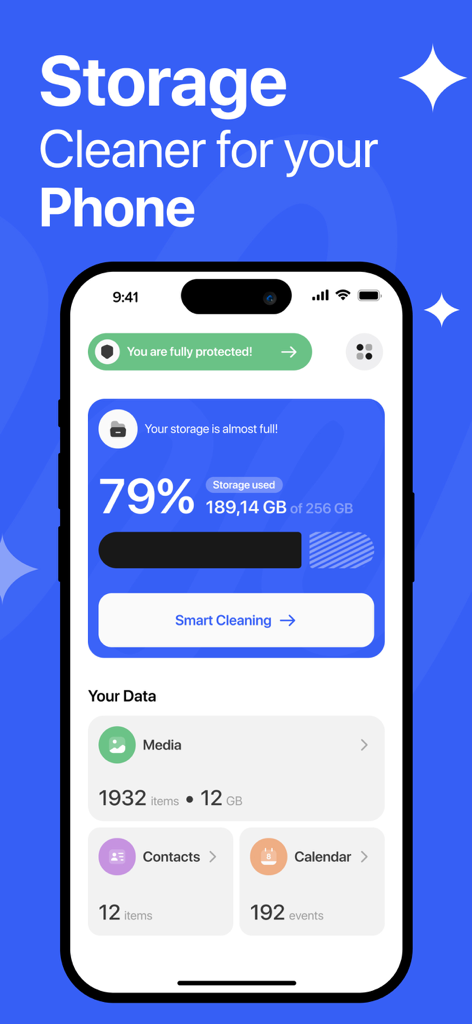 Freshify - Phone Cleaner - Freshify Phone Cleaner app interface showing storage usage and data cleaning categories