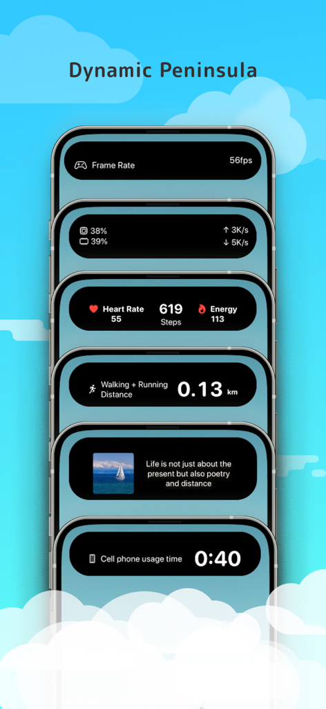 Island Widgets - Una serie de vistas previas de pantallas de iPhone que muestran varios widgets de Dynamic Island para la velocidad de fotogramas, datos de salud y estadísticas de uso del dispositivo.