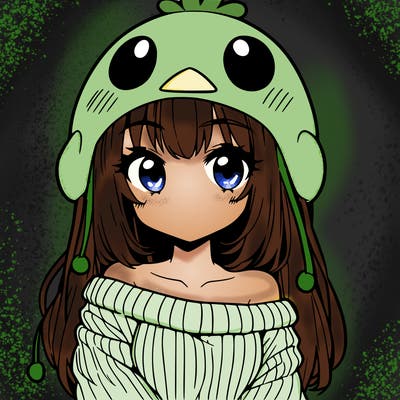 anime girl with chick shaped hat with sweater with bare shoulders with bangs covering them one eye with low tail