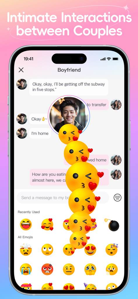 SeekU CPL – Track & Trust - SeekU app private chat interface for couples showing location updates and floating emojis.