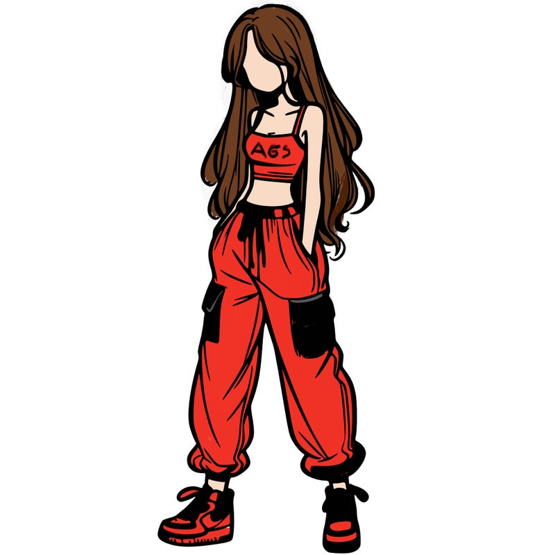 girl in baggy pants crop top and long hair