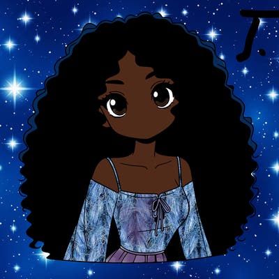 a black anime girl with long afro hair