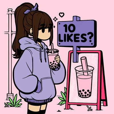 girl with oversized hoodie drinking boba and she has a high ponytail with a sign that says 10likes?