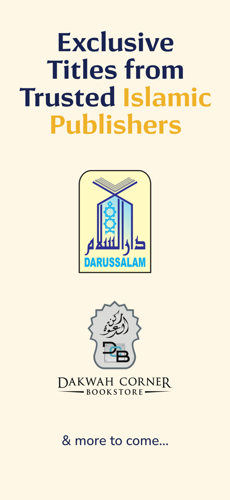 True Ilm: Audiobooks & eBooks - Logos of trusted Islamic publishers Darussalam and Dakwah Corner Bookstore in the True Ilm app