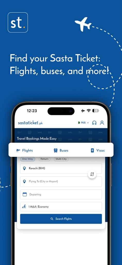 Sastaticket mobile app screen showing options for booking flights and buses