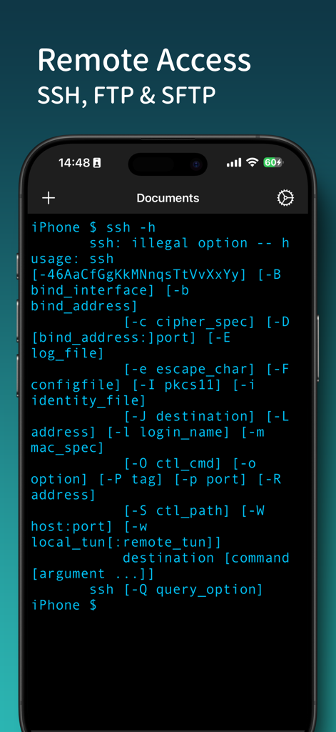 OpenTerm mobile terminal interface showing SSH help command for remote server access
