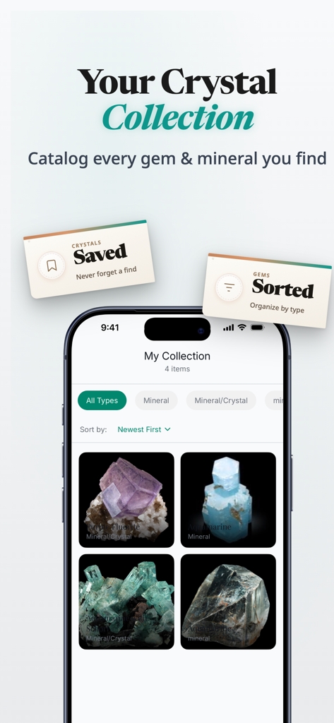 Rock Identifier: Gem & Crystal - Interface of Rock Identifier app showing a catalog of identified crystals and minerals.