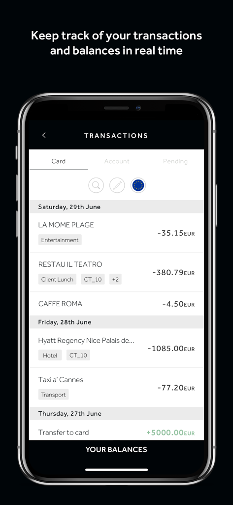 Centtrip - Centtrip mobile app screen displaying a real-time transaction list with multi-currency expense tags and balances.