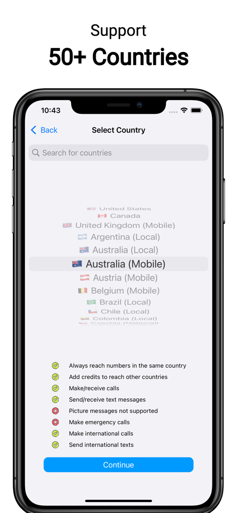 Smartphone screen showing a list of supported countries for a second phone number in the MySecondLine app