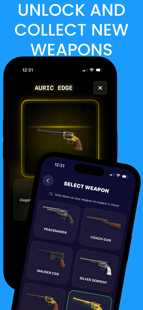Mobile app interface of Quick Draw showing a gallery of collectible revolvers and pistols including the Peacemaker and Silver Serpent