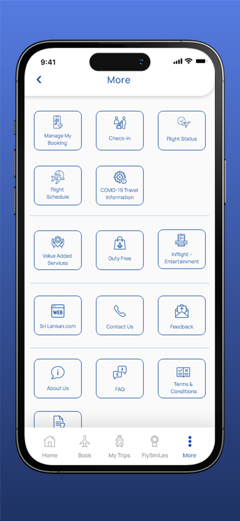 스리랑카 항공 앱 인터페이스. 항공편 상태, 체크인, 여행 관리 옵션이 있는 '더보기' 메뉴가 표시됩니다.