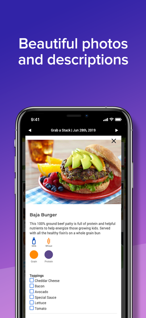 FlikISDining app screenshot showing a Baja Burger with detailed nutritional info and allergen icons