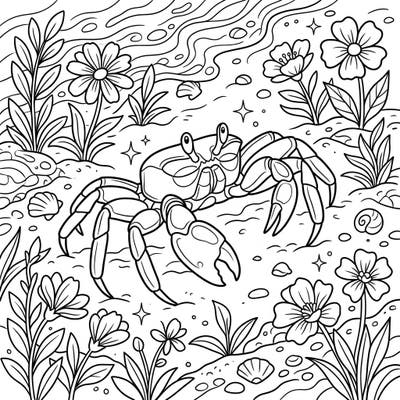 Embark on a delightful spring adventure with this captivating coloring page featuring a swift ghost crab exploring a vibrant sandy beach. Surrounded by blooming flowers and delicate seashells, this template offers a perfect blend of natural beauty and intricate details for all ages.