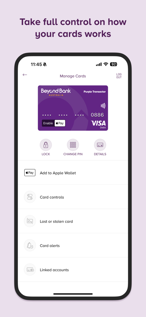 Beyond Bank - Beyond Bank app interface for managing and locking debit cards