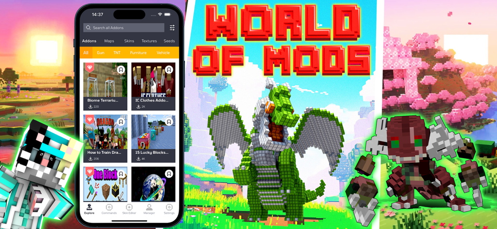 Addons - Mods for Minecraft PE - Interfaz de la aplicación móvil para mods de Minecraft PE con skins, mapas y dragones personalizados