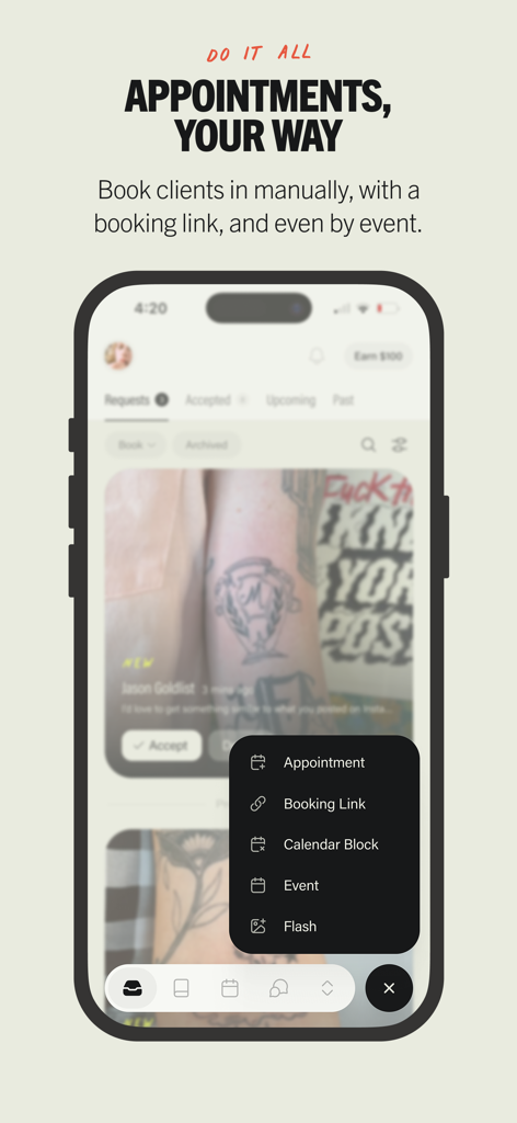 Venue Ink app interface showing tattoo appointment booking options and client requests