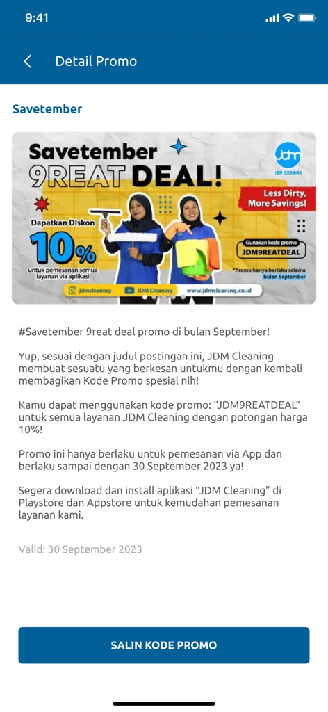 JDM Cleaning - JDM Cleaning app promotional screen for Savetember offering a ten percent discount code